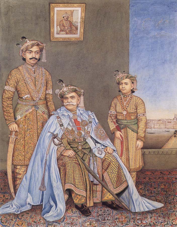 His Highness Ishwari Prasad Narayan Singh,Maharaia of Benares Seated,with Prabhu Narayan Singh and Aditya Narayan Singh Standing Behind as well as a p